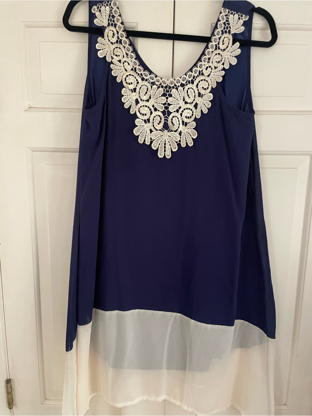 LARA Navy Blue and White Sleeveless Dress with Crochet Yoke